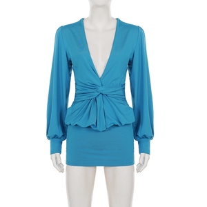 Women French Elegant Deep V Neck Knot Long Sleeve Dress Sexy Bodycon <b>Mini</b> Skirt Lady Commuter Fashion - Product Image 6
