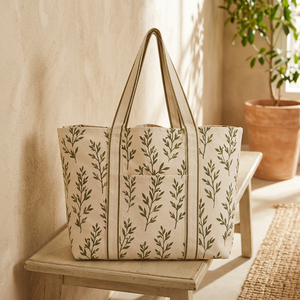 Eco-Friendly Cotton Shopping <b>Bag</b> with <b>Green</b> Botanical Leaf Print | Reusable Shoulder Carry <b>Bag</b> for Grocery & Daily Shopping - Product Image 2