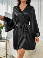 Sfy-y5124 2025 chambre maison dames peignoir contraste dentelle Sexy chemise de nuit couleur unie Satin Robe à manches longues pyjama ensemble