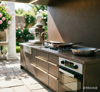 Cuisine extérieure moderne modulaire en acier inoxydable et acrylique, finition brillante, ignifuge, résistante aux intempéries, avec évier, robinet et tiroir coulissant pour villa