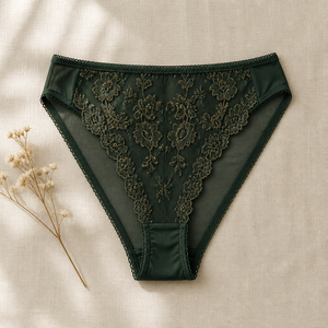 Culotte Femme en Dentelle Coupe Française Taille Haute, Broderie Florale Vert Forêt Rétro, Silhouette Allongeante, Tricotée, Élégante - Product Image 6