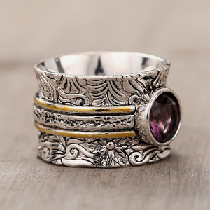 A143 Cocktail <b>Ring</b> 925 Silver <b>Amethyst</b> Bezel Setting <b>Gold</b> Plated Flower Pattern Unisex Everyday Wear - Product Image 6