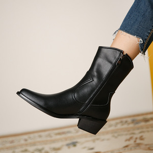 <span class=keywords><strong>Stivali</strong></span> da Donna Stivaletti in Pelle con Punta Media e Cerniera <span class=keywords><strong>Tacco</strong></span> Quadrato Stile Vintage Retrò Scarpe di Moda Fatte a Mano - Product Image 1