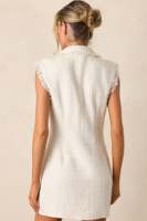 Mini robe col cranté modeste à boutons pour femme Église luxe sans manches décontracté fourreau en tweed blanc pour femme