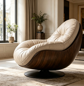 <span class=keywords><strong>Fauteuil</strong></span> <span class=keywords><strong>pivotant</strong></span> de style européen, <span class=keywords><strong>coque</strong></span> en bois courbée, aspect cuir crème, dossier capitonné, <span class=keywords><strong>fauteuil</strong></span> d'appoint rotatif - Product Image 4