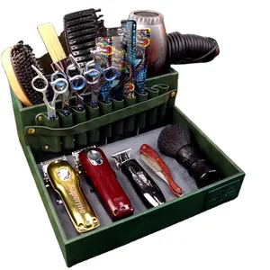 Custom Logo Multifunctional Large Capacity Hair Scissors Holder Case Box Leather Barber Tool Storage Organizer Box