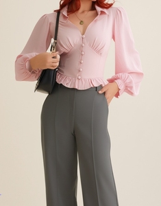 Wholesale Pink Visco/Nylon Blouse with <b>Balloon</b> Sleeves Ruffles Crop Top Women's Casual Simple Regular Fit - Product Image 3