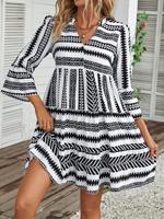 Robe mini décontractée pour femme, col en V, demi-fermeture, imprimé tribal géométrique, manches évasées 3/4, à volants, style babydoll