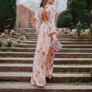 Robe de demoiselle d'honneur élégante imprimée rose à taille mi-haute, dos nu, col rond, manches longues, printemps, été, automne pour femme - Product Image 2