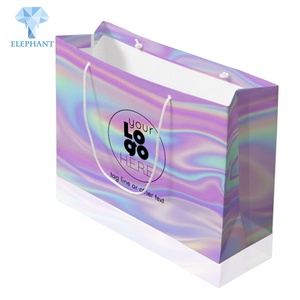 Custom Print Logo Recycled Glossy Holographic Pink Purple Shopping Paper Hand Bag - Product Image 1