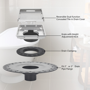 Bonde de douche brossée SS avec grille de drain encastrable de 4 pouces, incluant un collier de réglage de hauteur et un anneau pour bac Schluter - Product Image 4