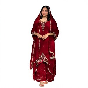 Salwar Kameez Negro Bordado con Trabajo de Espejos, Largo hasta el Suelo, Traje Tradicional Indio Pakistaní para Bodas, Poliéster - Product Image 1
