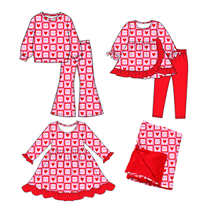 Vestido Romper a Cuadros con Corazones Personalizado para Niñas, Día de San Valentín, Venta al por Mayor, para Hermanas, de Algodón Orgánico y Spandex, Manga Larga - Product Image 2