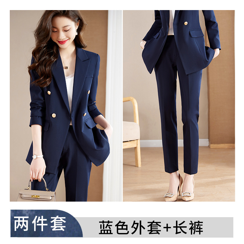 Navy blue long-sleeved suit trousers