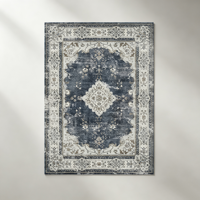 Tapis de sol vintage bleu marine à motif médaillon persan, lavable, en polyester, effet vieilli, pour la décoration intérieure