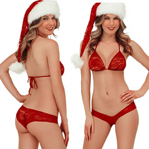 Vente flash Arrivée <span class=keywords><strong>Noël</strong></span> <span class=keywords><strong>Lingerie</strong></span> sexy pour femmes Sous-vêtements en coton ROUGE avec plumes et décoration en nœud Ensemble de 5 pièces - Product Image 1