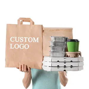 कस्टम लोगो दूर ले जाने के लिए बाहर ले जाने बैग कॉफी शॉप रेस्तरां सुशी खाद्य पैकेजिंग के लिए क्राफ्ट पेपर बैग के साथ संभाल