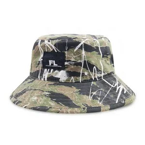 High Quality Woven Label Patch Camouflage Bucket Hats Unisex Custom Full Printed Outdoor Travel Fisherman Cap