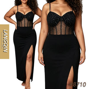 Vestido Casual de Talla Grande LANQIN, Corsé de Malla, Vestido Largo Ajustado con Abertura Alta, con Varillas, para Figuras Curvilíneas, Ropa Formal de Fiesta, Cuello en V - Product Image 1