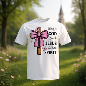 Camiseta con lazo rosa y cruz Blessed By God Loved By Jesus, camiseta de fe cristiana para mujer - Product Image 3