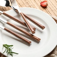 Ensemble cuillères et fourchettes en acier inoxydable Ensemble d'argenterie lavable au lave-vaisselle Ustensiles de table Ensemble de couverts en bois pour restaurant