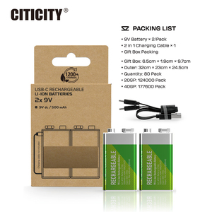 CITICITY USB Rechargeable 9V Lithium Ion Batteries-4500mWh 1000+ Charge Cycles USB-A USB-C Cable for Remote Control Flashlight - Product Image 1