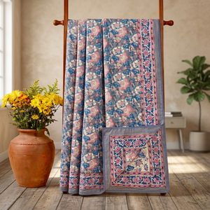 Indigo Floral Cotton Dohar Reversible <b>Quilt</b> Cover Printed Bedspread <b>Double</b> Sided Home Use - Product Image 2