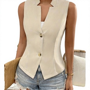 Chaleco sin mangas para mujer con cuello con muescas y dos botones, color liso, ropa exterior informal, longitud regular, tejido de punto - Product Image 3