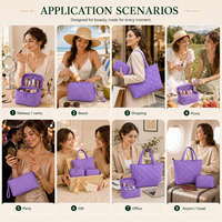 Ensemble de trousses de toilette en nylon matelassé violet avec logo personnalisé, trousse de maquillage, pochette de voyage, vente en gros, fabricant OEM