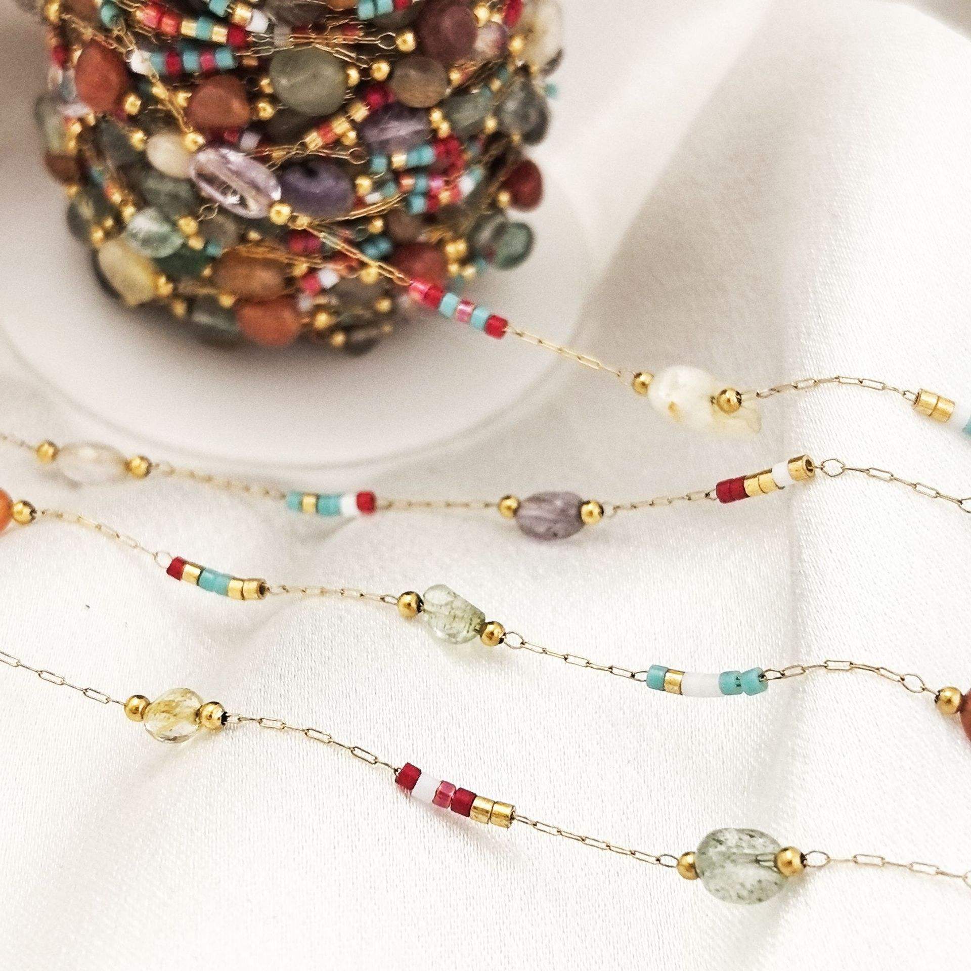 2Mm tube bead mixed color natural stone titanium steel chain