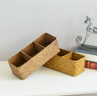 Boîte de rangement de bureau compartimentée en jonc de mer tressé vintage, organisateur d'objets divers, panier pour télécommandes et cosmétiques, naturel
