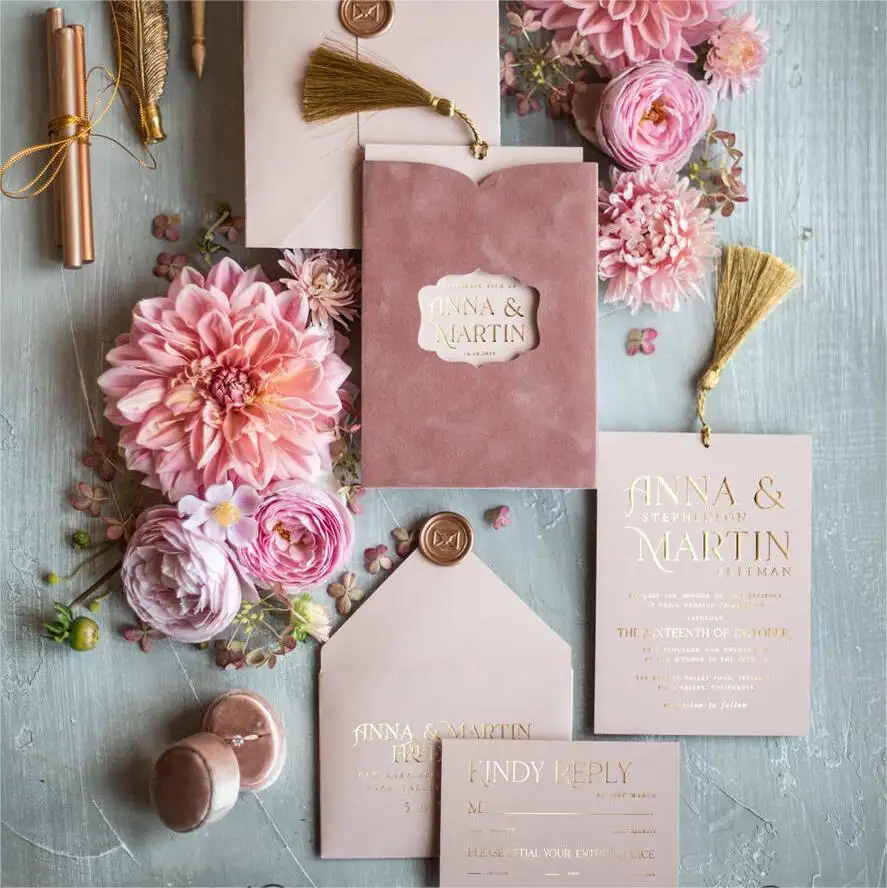 Vintage Charming Pink Velvet Wedding Cards Classic Wedding Affair Engagement Gilt Tassels Eco-friendly Wedding Invitation Cards