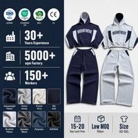 Conjunto Deportivo con Sudadera Corta con Capucha y Cordón Ajustable, Pantalones de Pierna Ancha con Cintura Elástica con Volantes, Dos Tonos, 100% Algodón, Puños Acanalados, Unisex, OEM