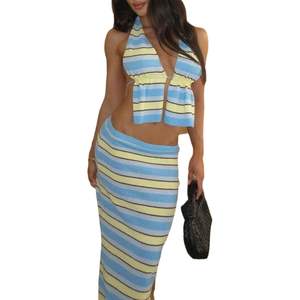 Ensemble tricoté 2 pièces personnalisé pour femme 2026 : Haut dos nu et jupe longue à rayures, taille élastique, respirant - Product Image 1