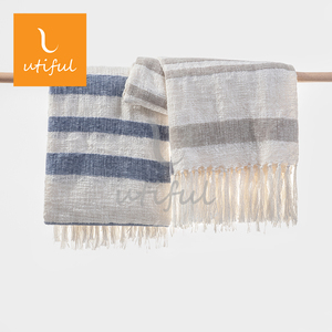 Môi Trường Thân Thiện Tái Chế Polyester Chenille Sọc Màu Be Dệt Tua Ném Chăn Cho Sofa - Product Image 6