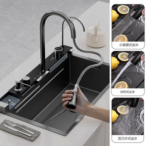 Fregadero de cocina de acero inoxidable negro, doble tazón, tipo estación de trabajo, con grifo en cascada y pantalla LED de temperatura - Product Image 2