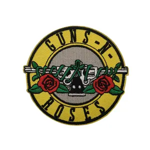 Gun Rose Tactical Yellow Round Color GUNS ROSES Embroidery Flower Patches Sew-on Shirt Jacket Applique