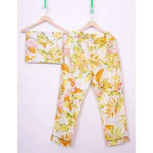 Conjunto de Pijama de Satén 100% Algodón con Cuello Redondo, Cintura Elástica, Botones, Manga Larga, Estampado Floral, Transpirable, para Otoño - Product Image 2