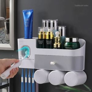 3-Cup Wall Mounted <b>Toothbrush</b> <b>Holder</b> Automatic Toothpaste Dispenser - Product Image 2