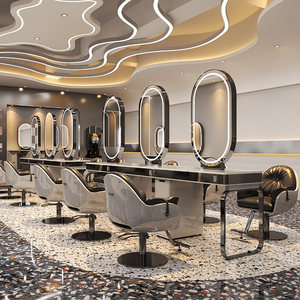 Miroir de Salon Moderne en Acier sur Pied, Table Coiffure Simple Face Effet Marbre, Poste de Travail pour Studio de Beauté - Product Image 4