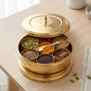 Brass Masala <b>Box</b> with Lid Traditional Indian Spice Storage Container Round Spice Organizer with Spoon for Kitchen Dining - Product Image 4