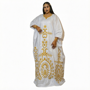 Robe Boubou Dashiki en Brocart Ligne Or, 100% Coton Bazin Riche Original, Robe Longue Blanche pour Mariage Africain Femme, Été - Product Image 1