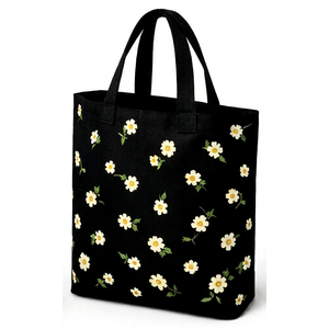 Custom Logo Eco Friendly Recycled Floral Design <b>Black</b> Organic Cotton Canvas Grocery Carry <b>Tote</b> Shopping <b>Bag</b> for Grocery - Product Image 5