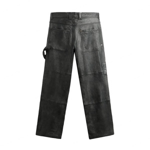 Pantalon en cuir délavé style streetwear pour homme, coupe décontractée taille haute ample et baggy - Product Image 3