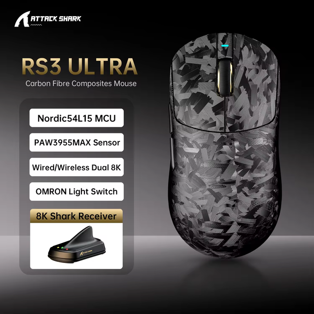 Attack Shark RS3 Ultra Carbon Fiber Wired 2.4G BT PAW3950 Rechargeable Computer Gaming Wireless 8K Mouse
