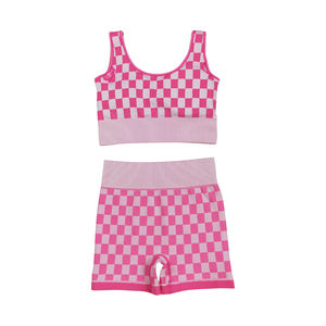 NO Tariffs Contact Us GSSO2704 Wholesale Quality Athletic Clothing Women <strong>Outfits</strong> <strong>Pink</strong> Plaid Vest with Shorts Set Adult Clothes - Product Image 3