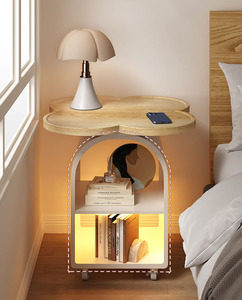 Comodino a Forma di Quadrifoglio con Illuminazione a Sensore di Movimento e Ruote, <span class=keywords><strong>Piano</strong></span> <span class=keywords><strong>in</strong></span> <span class=keywords><strong>Legno</strong></span>, Comodino Mobile - Product Image 3