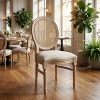 Chaise empilable vintage française en résine, dossier en rotin PE imitation bois, assise rembourrée pour mariages, locations, banquets, hôtels, événements, repas