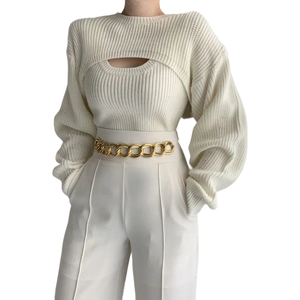 Maglione da <span class=keywords><strong>donna</strong></span> lavorato a maglia, stile coreano personalizzato, sexy, scollato, girocollo, casual da strada, traforato, a righe, con collo all'americana, spesso - Product Image 2