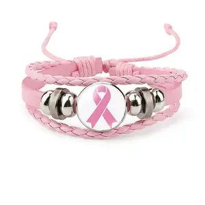 Fashion Hope Faith Strength Courage Inspiring Jewelry Wristbands Breast Cancer Awareness Bracelet Pink Ribbon Rope Bangle